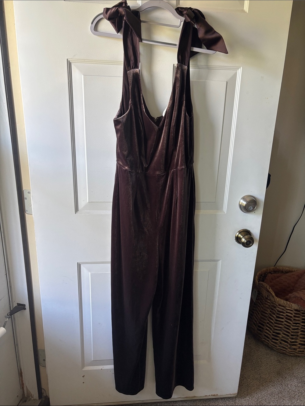 Francesca's Collections Velvet Tie-Shoulder Jumpsuit in Chocolate